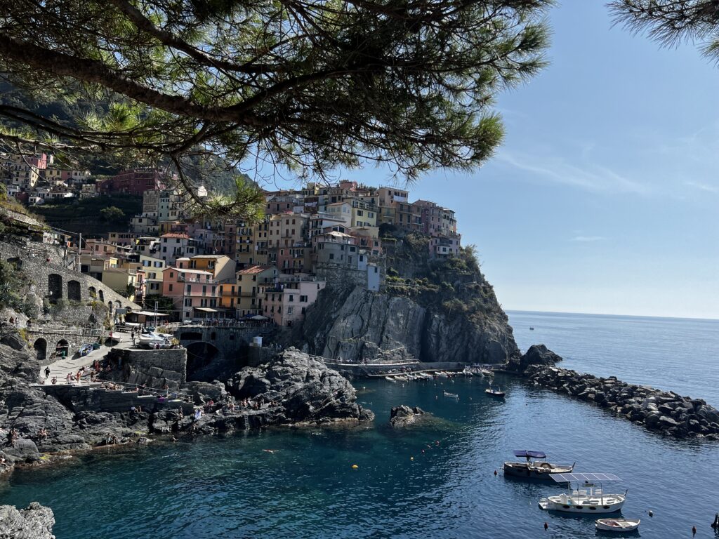 colourful houses and blue skies from the viewing point in Manarola