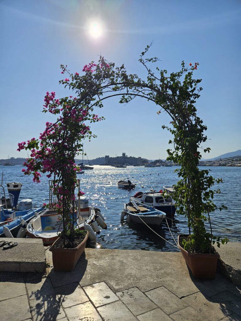 Gorgeous flower arch with views of the Bodrum Castle