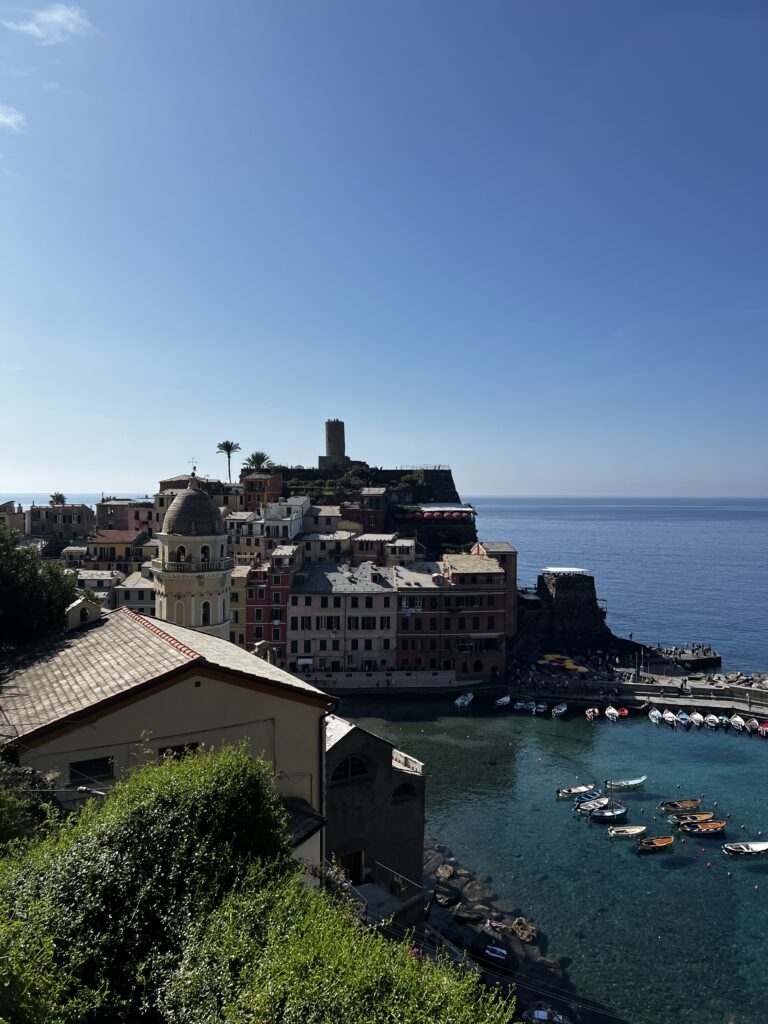 Birds eye view of Vernazza harbour from the hiking route