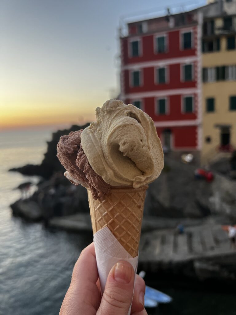 chocolate and pistachio gelato from Riomaggiore