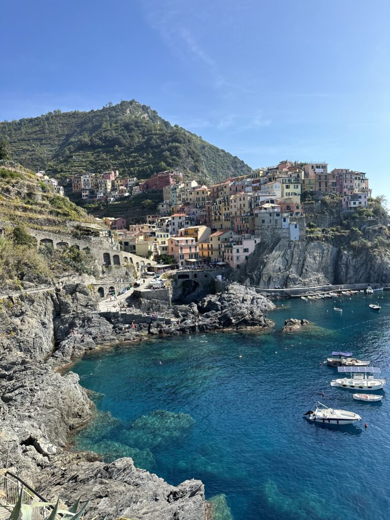 Gorgeous views of colourful houses a viewing point in Manarola with crystal waters 