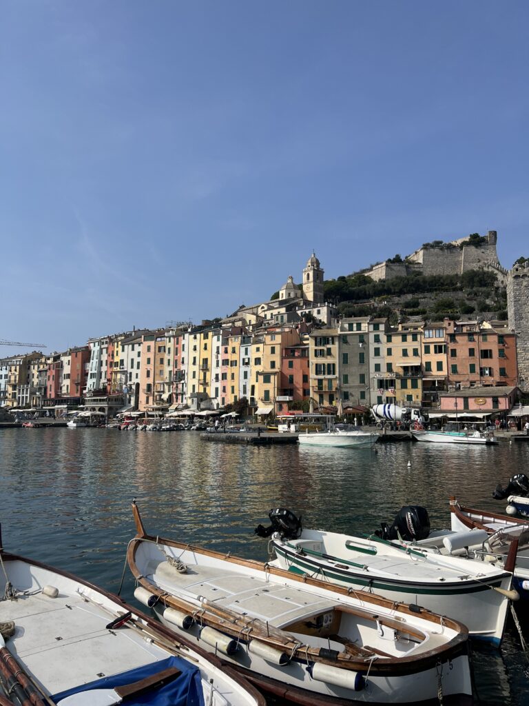 Porto Venere colourful houses and boats on a sunny day 